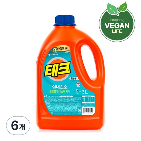 테크 실내건조 액체세제 일반 단캡, 3L, 6개