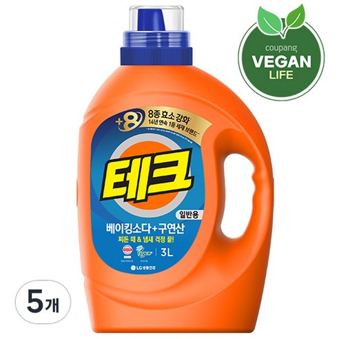 테크 베이킹소다+구연산 액체세제 일반 용기, 3L, 5개