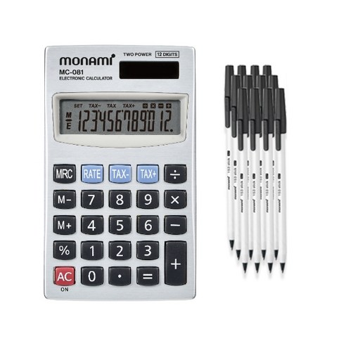 모나미 계산기 MC-081 + 153 스틱 볼펜 0.7 12p, 블랙(볼펜) + 그레이(계산기), 1세트