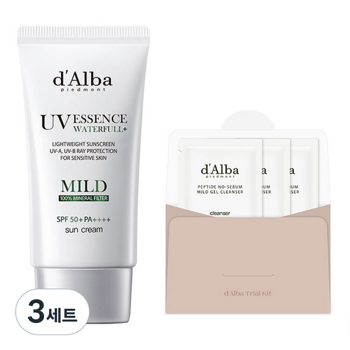 달바 비건 워터풀 마일드 선크림 SPF 50+ PA++++ 50ml + 약산성 젤클렌저 9ml 세트, 3세트  Best 5