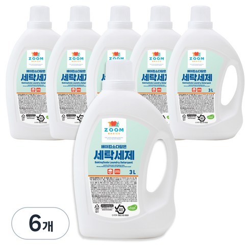 줌 베이직 베이킹 소다 담은 액체 세탁세제, 3L, 6개