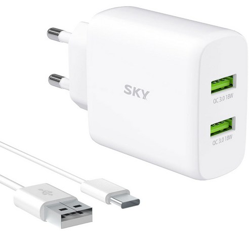 SKY Fiil Q2S 36W USB 듀얼 고속충전기 QC3.0 + C타입 고속충전 케이블, 화이트, 1세트