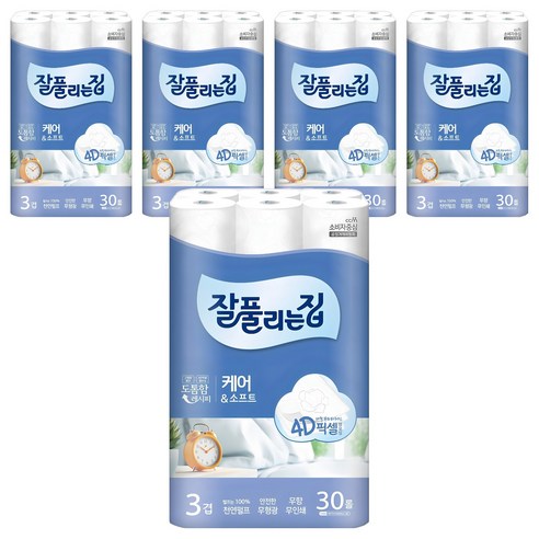 잘풀리는집 케어 앤 소프트 천연펄프 3겹 고급롤화장지, 27m, 30개입, 5개