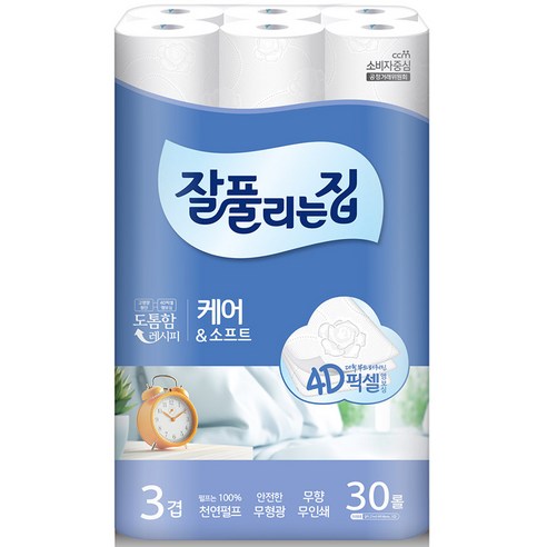 잘풀리는집 케어앤소프트 3겹 롤화장지 27m, 1개, 30롤
