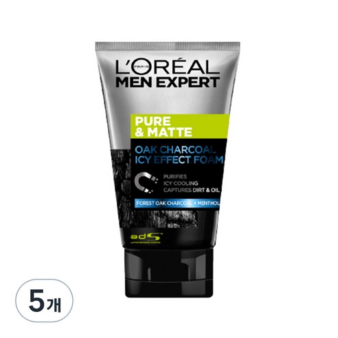 로레알파리 퓨어 앤 매트 오크 차콜 아이시 이펙트 폼, 폼 클렌저, 100ml, 5개