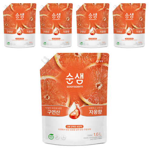 순샘 구연산 자몽 주방세제 리필, 1.6L, 5개