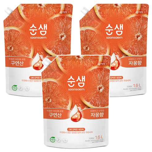 순샘 구연산 자몽 주방세제 리필, 1.6L, 3개