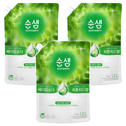 순샘 베이킹소다 피톤치드향 주방세제 리필, 1.2L, 3개