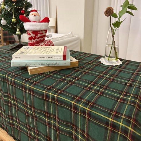 맑음 크리스마스 식탁보 분위기업 감성 테이블보, 그린옐로우체크, 100 x 160 cm