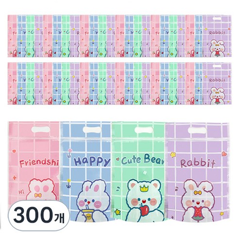 미미파티 감성 귀여운 구디백 손잡이 지퍼백 포장 봉투, 컬러풀토끼, 300개