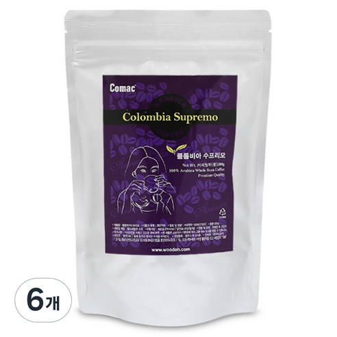 코맥 콜롬비아 수프리모 원두커피 C7, 200g, 6개, 홀빈(분쇄안함)