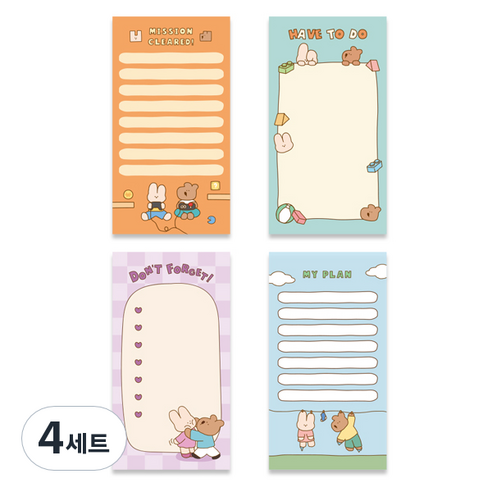모노라이크 해피앤럭키 리틀즈 메모패드 Series 1 4종 세트, 01 Game, 02 Toy, 03 Touching, 04 Laundry, 4세트
