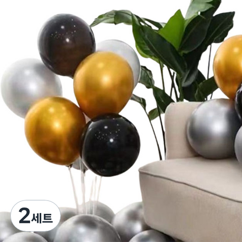 뷰라뷰 파티풍선 50p + 공기펌프 + 10m 리본 세트, 18 골드 + 실버 + 블랙(랜덤발송), 2세트