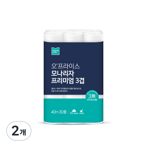 오프라이스 모나리자 프리미엄 3겹 화장지 40m*30롤, 2개