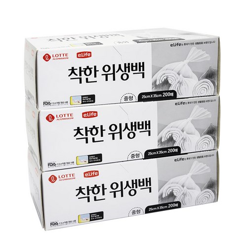 롯데이라이프 착한 위생팩 중 200매, 중(M), 200개, 3개