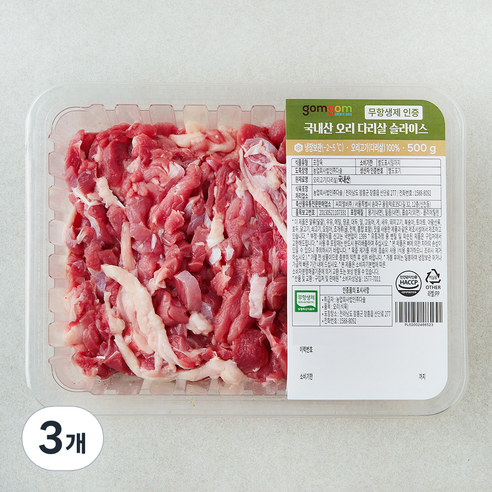 곰곰 무항생제 인증 국내산 오리 다리살 슬라이스 (냉장), 500g, 3개