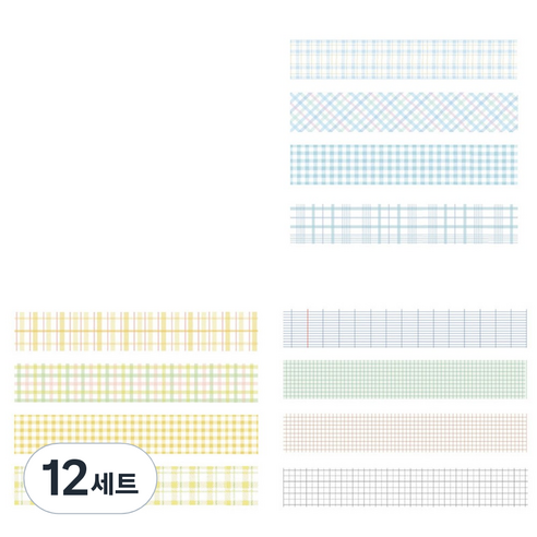 체크 패턴 컬러 마스킹테이프 20mm x 20m 4종 세트, 12세트, 15 블루, 레몬, 라이트체크