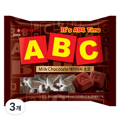 롯데웰푸드 ABC 초코 밀크 초콜릿, 187g, 3개