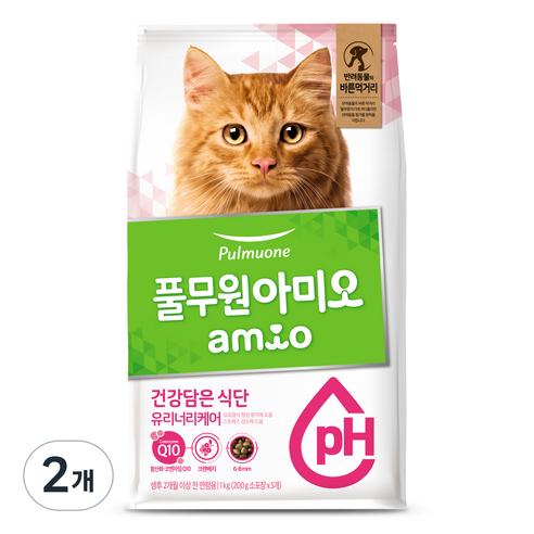 풀무원아미오 고양이 건강담은 식단 기능성 사료, 유리너리+결석, 1kg, 2개