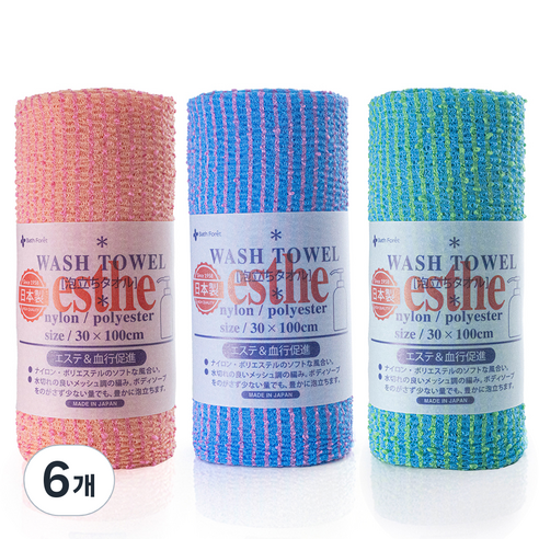 Bath Foret 에스더 일본 샤워타월 3종 세트, 핑크, 그린, 블루, 6개, 1개입