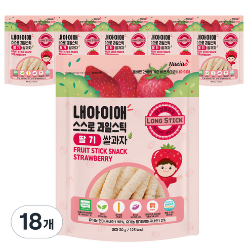 내아이애 유기농 스스로 과일 롱스틱, 딸기, 30g, 18개