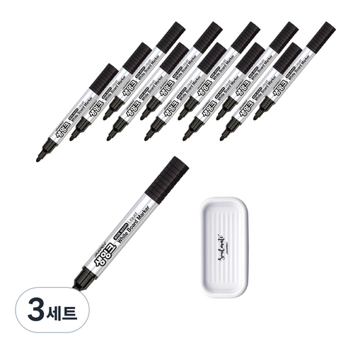 자바펜 생잉크 화이트보드마카 12p + 펜트레이 랜덤발송, 검정, 3세트