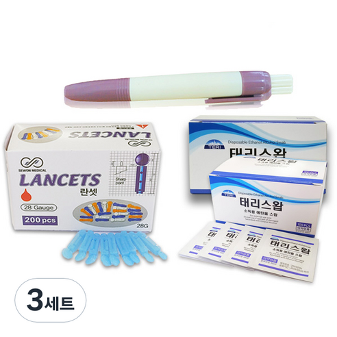 태리 무통 채혈기 + 일회용 수동랜싯 28G 200p + 알콜 스왑 100p, 3세트