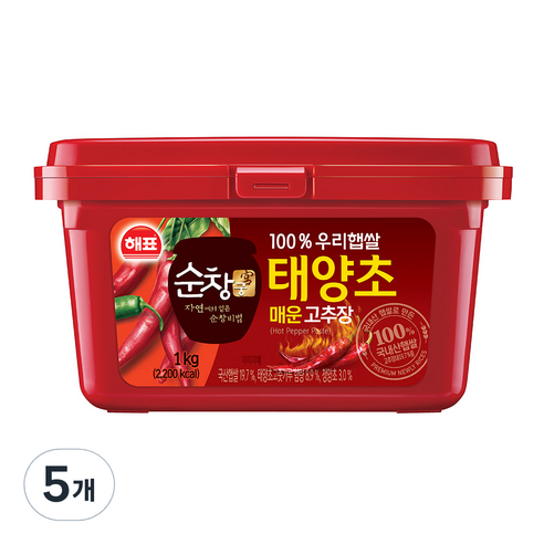 해표 순창궁 태양초 매운 고추장, 1kg, 5개