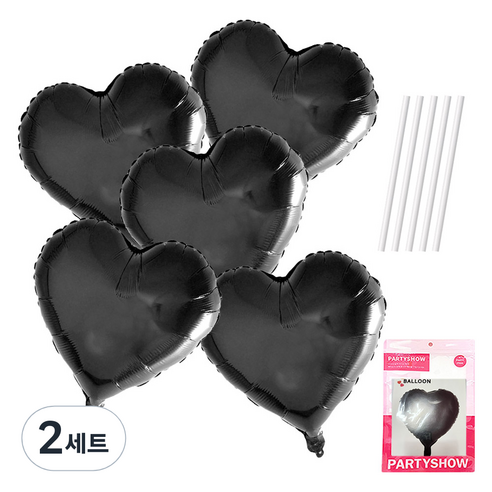 파티쇼 하트 은박 풍선 45cm 5p + 빨대 5p 세트, 블랙(풍선), 2세트