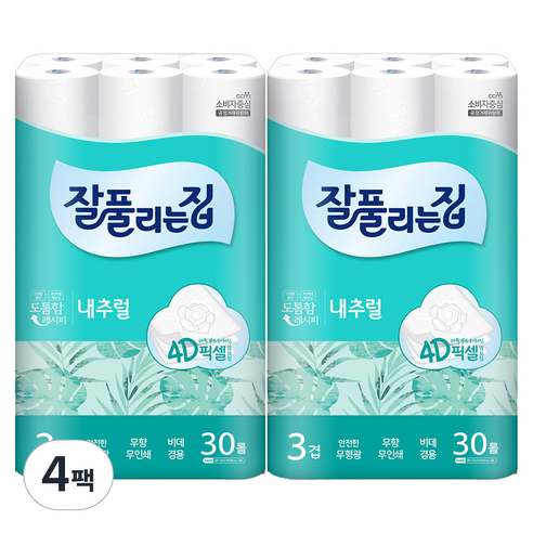 잘풀리는집 내추럴 4D픽셀 엠보싱 3겹 롤화장지 25m, 30롤, 4팩