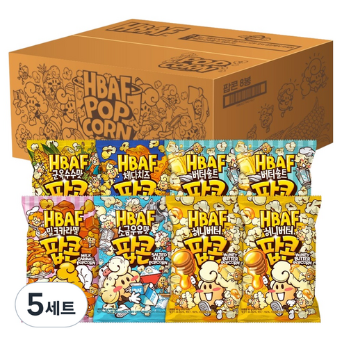 바프 팝콘 허니버터 2p + 버터솔트 2p + 밀크카라멜 + 소금우유맛 + 군옥수수맛 + 체다치즈 세트 570g, 5세트