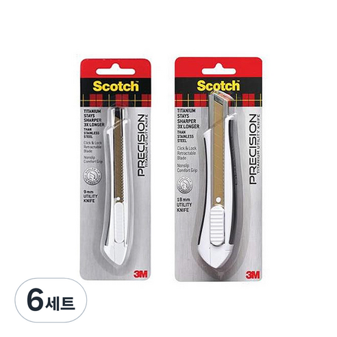 스카치 티타늄 커터 18mm TI-KL + 티타늄 커터 9mm TI-KS 세트, 혼합색상, 6세트