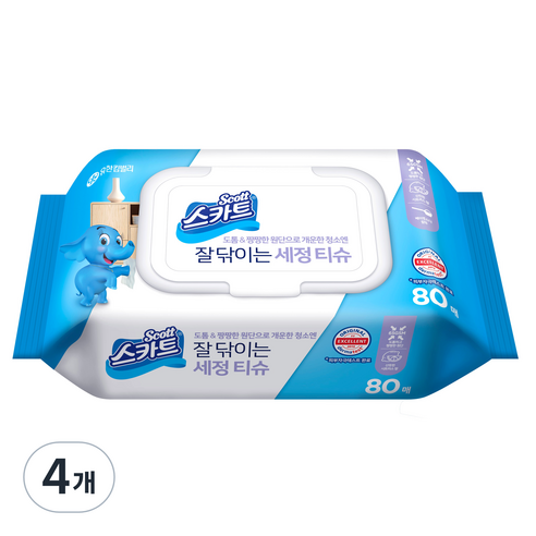 스카트 잘닦이는 세정티슈 80매, 4개
