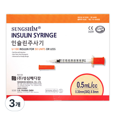 성심메디칼 인슐린 주사기 0.5ml 8mm 30g 100p, 3개