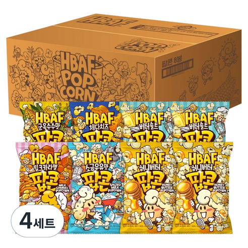 바프 팝콘 허니버터 2p + 버터솔트 2p + 밀크카라멜 + 소금우유맛 + 군옥수수맛 + 체다치즈 세트 570g, 4세트