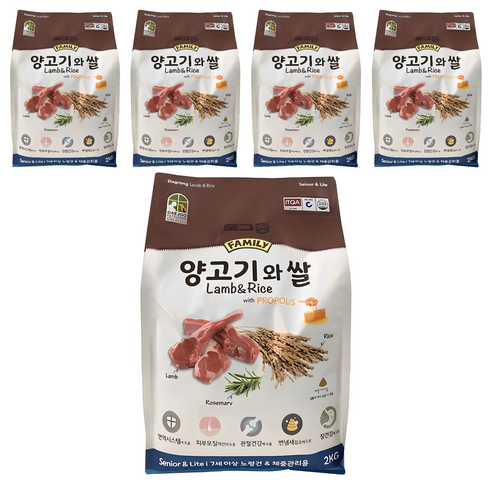 도그랑 시니어 강아지 훼미리 건식사료, 양+쌀, 2kg, 5개