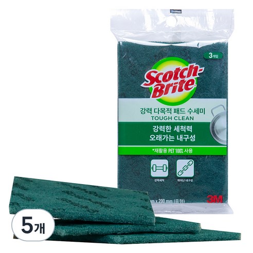 3M 스카치브라이트 강력 다목적 패드 수세미 중형, 3개입, 5개