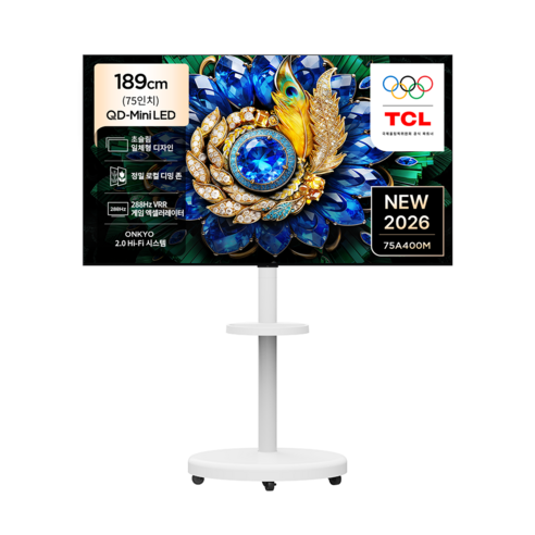 TCL 4K QD Mini LED 초슬림 프리미엄 TV + 대형 무빙 스탠드 매트 화이트 세트, 75A400M(TV), MSD58W(스탠드), 방문설치, 이동형 스탠드, 189cm(75인치)