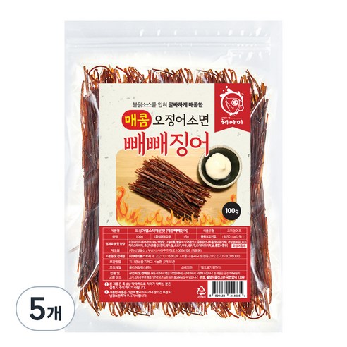 해야미 매콤 빼빼징어 오징어소면, 100g, 5개