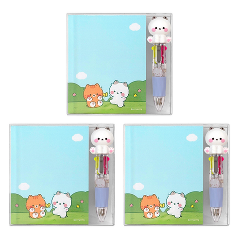 우옹이 메모지 + 4색펜 세트, 블루, 3세트