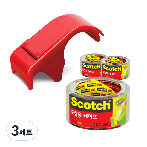 스카치 포장용 박스 테이프 디스펜서 DP-300RD + 투명 포장용 테이프 3650 48mm × 40m 3개, 혼합 색상, 3세트