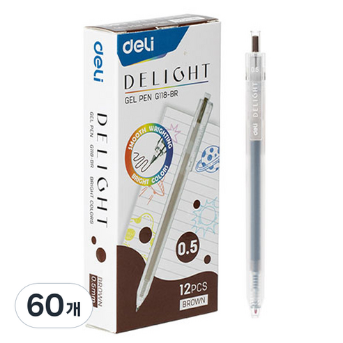 델리 델라이트 퀵드라이 노크식 젤잉크펜 0.5mm EQ118, 브라운, 60개