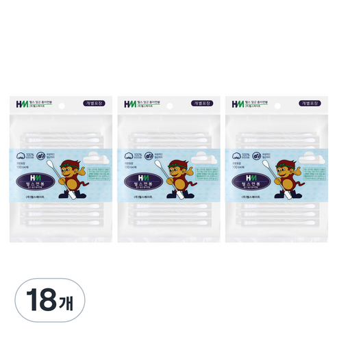 헬스면봉 100% 코튼 순면 멸균 개별포장 성인용 종이 면봉, 100개입, 18개