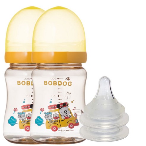 리틀밥독 PPSU 유꼭지젖병 트윈팩 200ml 젖꼭지 2개입, 2단계(0~3개월), 옐로우