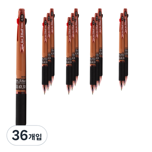 자바펜 초저점도 유성 3색볼펜 제트3볼 0.38mm, 브라운, 36개입
