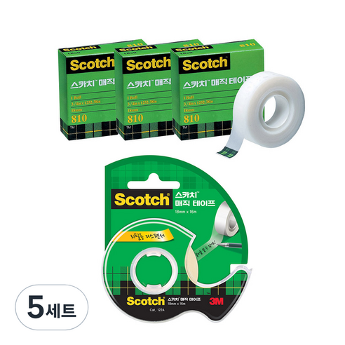 스카치 매직 셀로판 테이프 리필 18mm x 15m 3p + 디스펜서 122 18mm x 16m, 혼합색상, 5세트