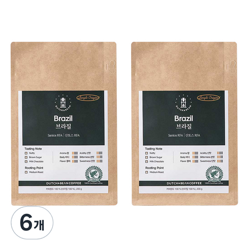 더치앤빈 싱글 오리진 브라질 산토스 RFA 로스팅원두 2p, 200g, 6개, 모카포트