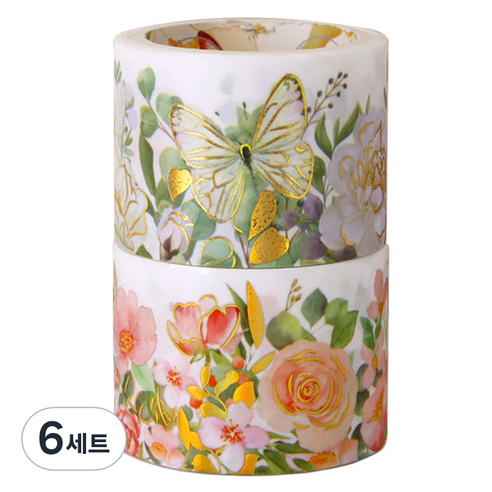 인디케이 보태닉 플라워 마스킹 테이프 3cm x 3m 2종 세트, 화이트, 핑크, 6세트
