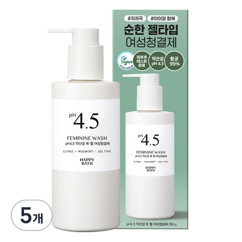 해피바스 PH4.5 약산성 쑥 여성 청결제, 5개, 250g