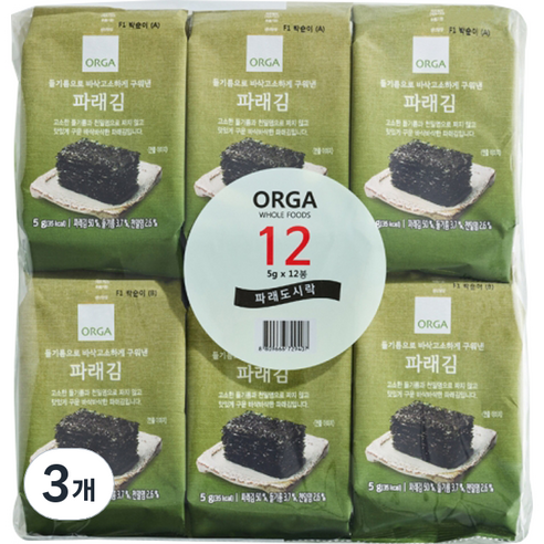 ORGA 들기름으로 바삭구운 파래김 12p, 60g, 3개